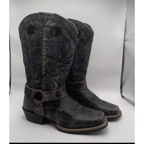 Smoky Mountain Youth Cowboy Boots Black Gray Distress Leather 3.5R Runs Big 4.5 - Picture 12 of 12